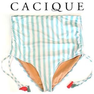 Cacique Green White Stripe Ultra High Rise Tassel Sides Swim Bottoms Size 14